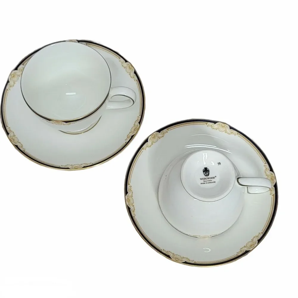 Wedgwood Cavendish Bone China Tea Cup and Saucer Set of 2 Navy Gold England‎